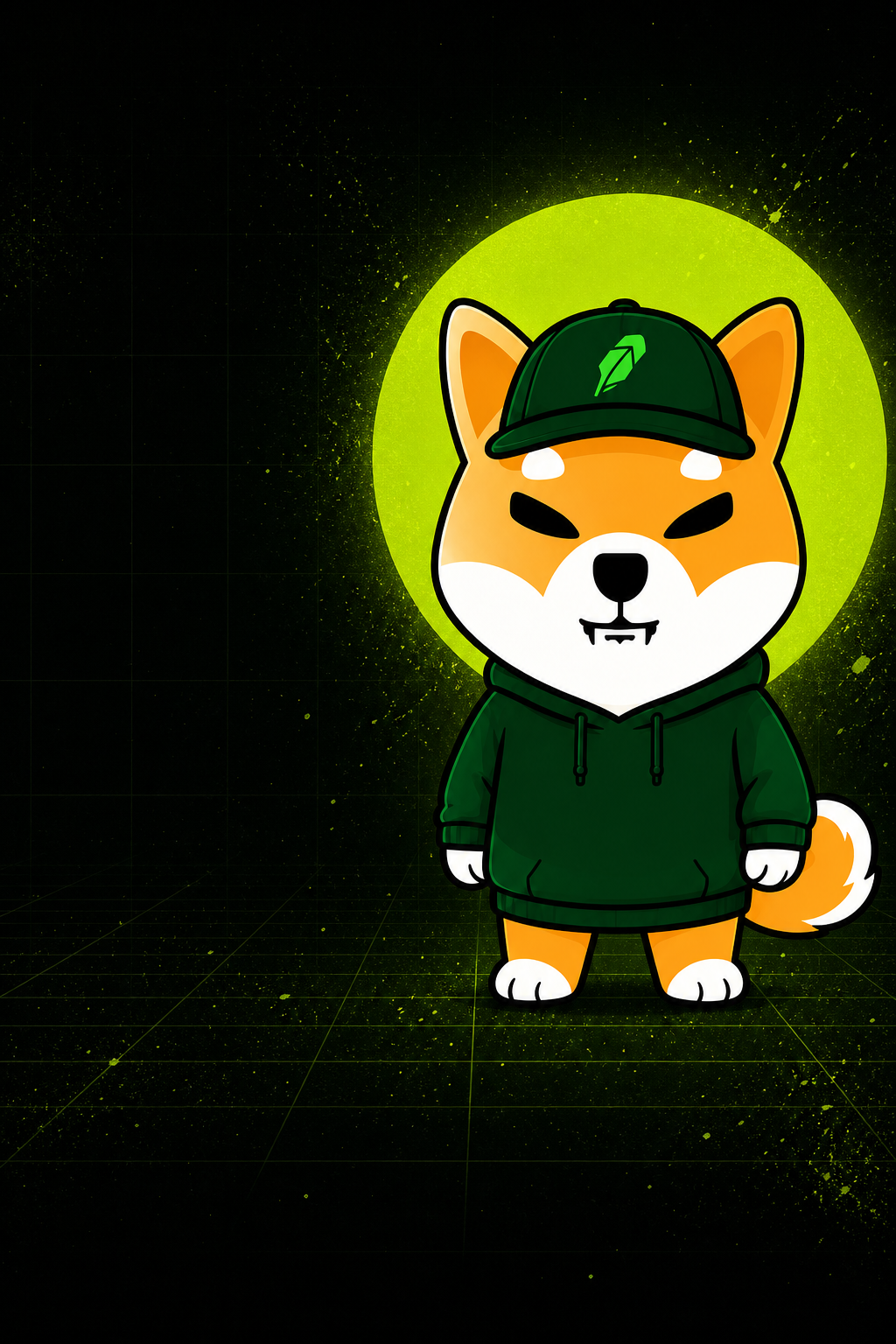 Robinhood Shib 2D mascot in green hoodie