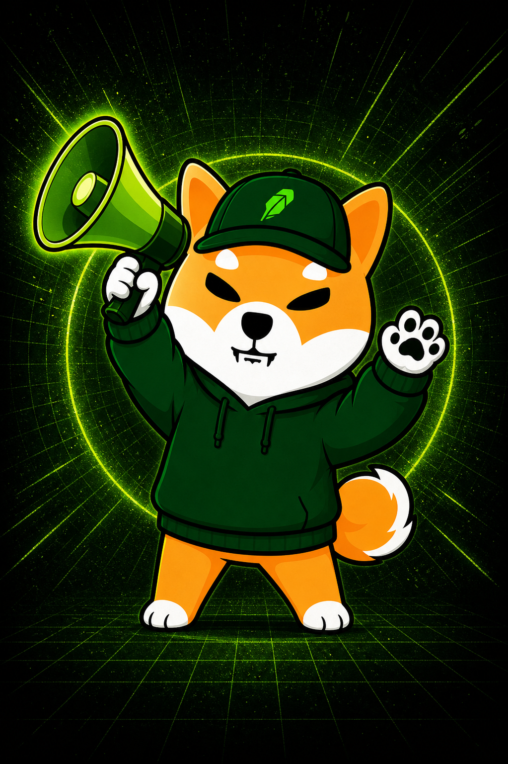 Shib with a green megaphone