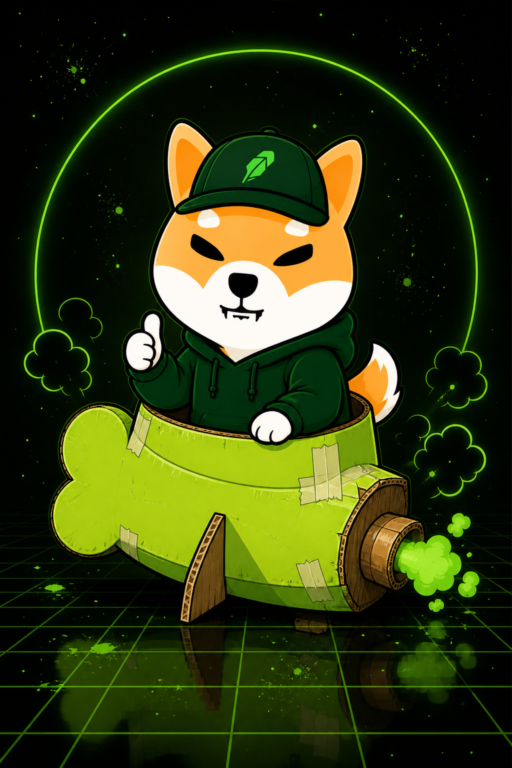 Shib in a cardboard rocket